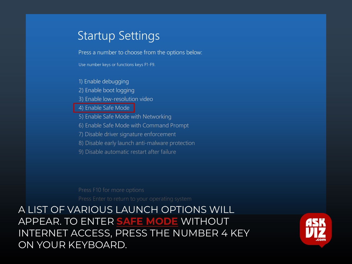 A list of various launch options will appear. To enter Safe Mode without internet access, press the number 4 key on your keyboard askviz