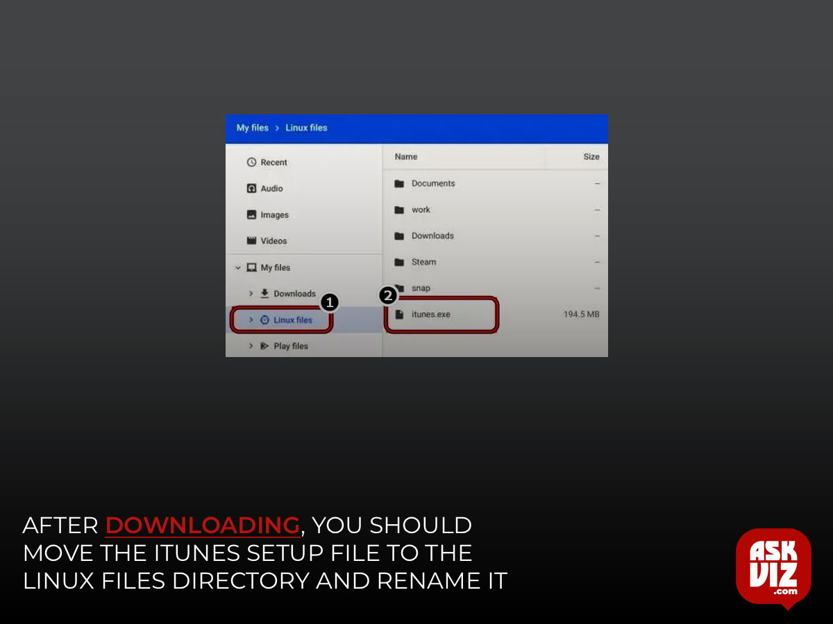 After downloading, you should move the iTunes Setup file to the Linux files directory and rename it; give the file a new name you can easily remember; for instance, iTunesSetup.exe askviz