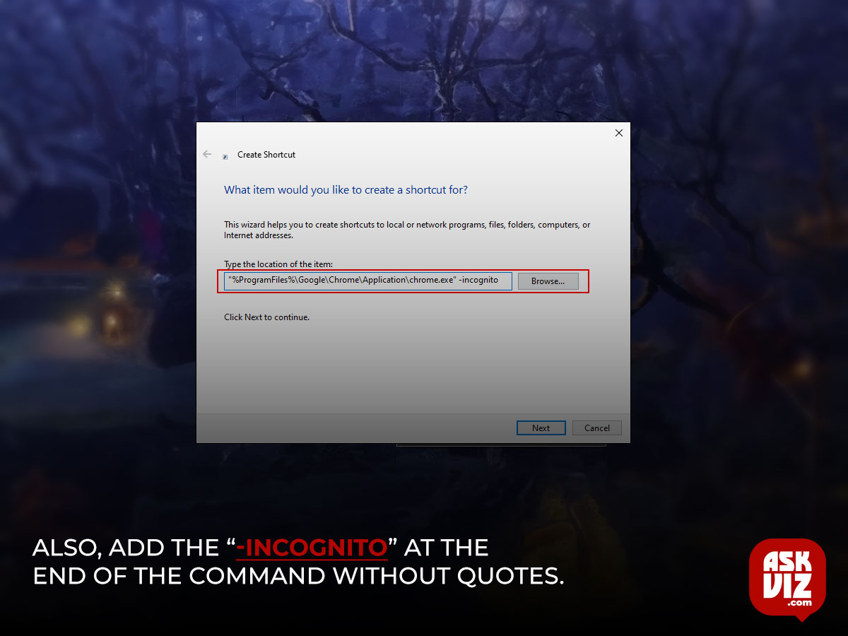 Also add the incognito at the end of the command without quotes askviz