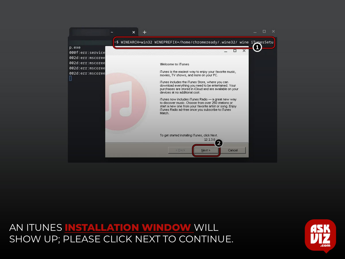 An iTunes installation window will show up; please click Next to continue askviz