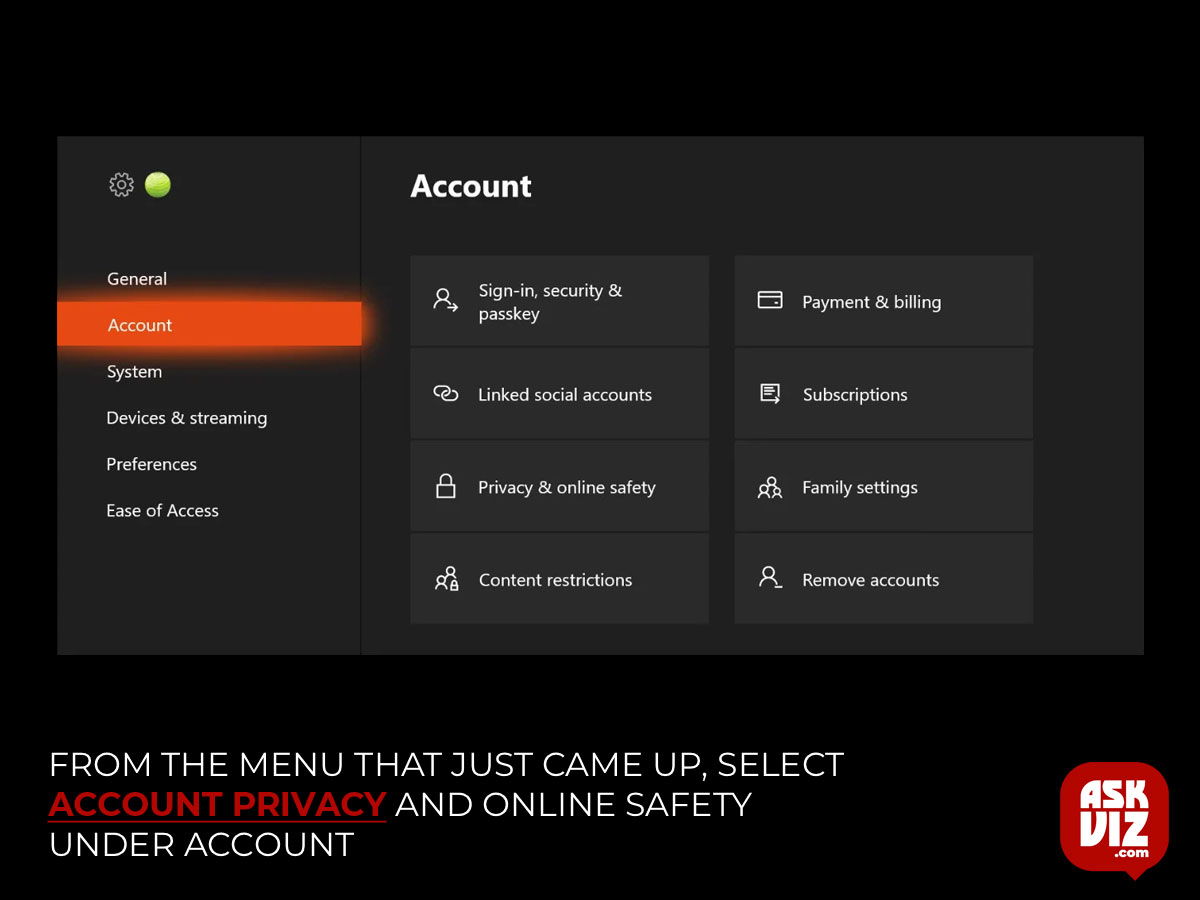 From the menu that just came up, select Account Privacy and Online Safety under Account askviz