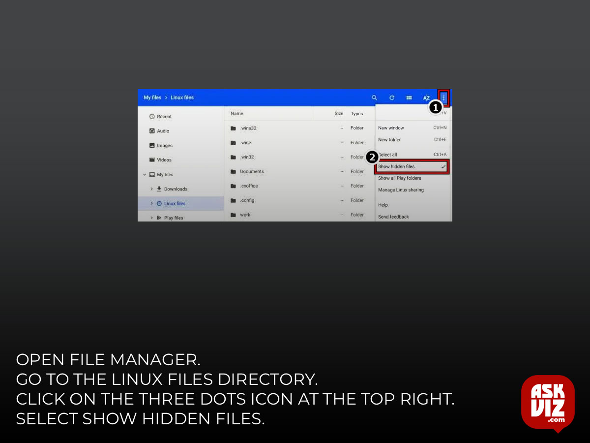 Open File Manager. Go to the Linux files directory. Click on the three dots icon at the top right. Select Show Hidden Files askviz