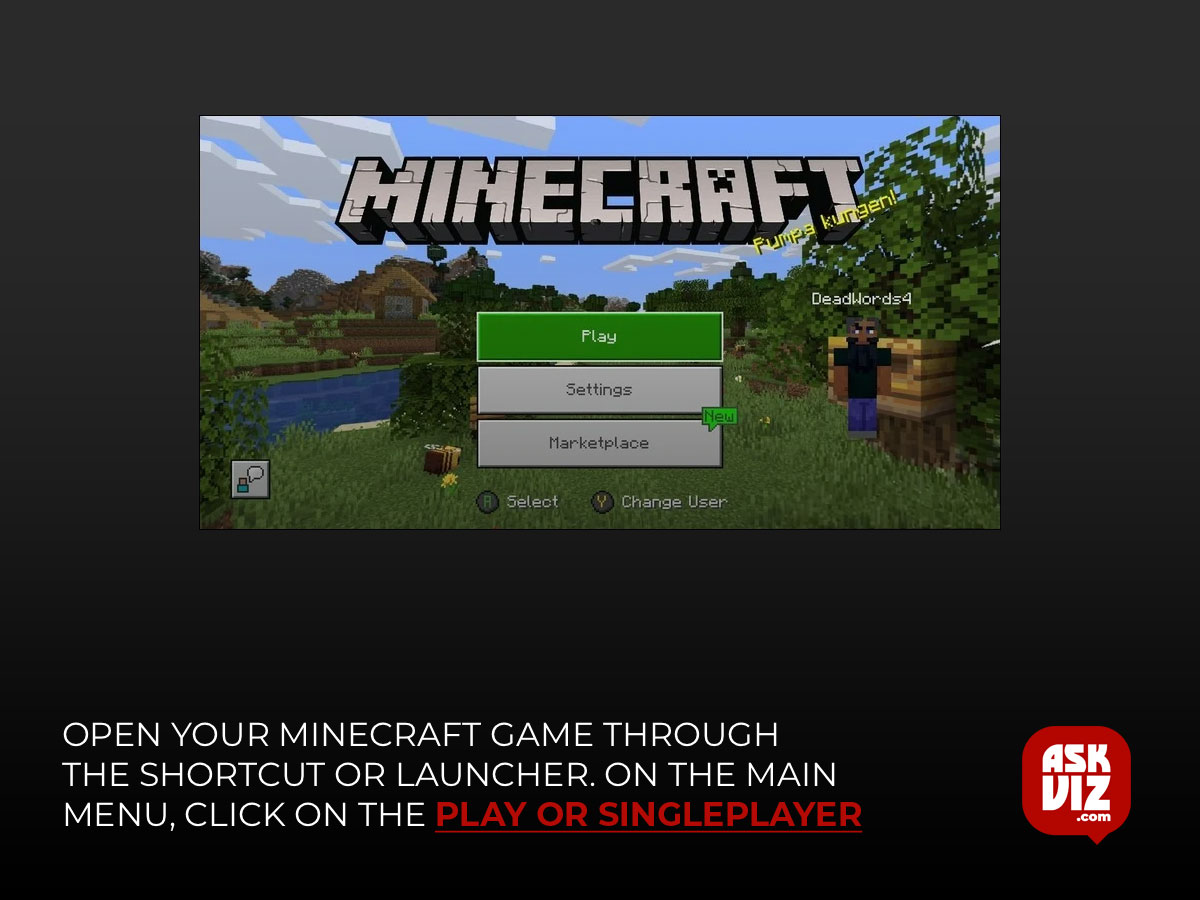 Open your Minecraft game through the shortcut or launcher. On the main menu, click on the Play or Singleplayer askviz