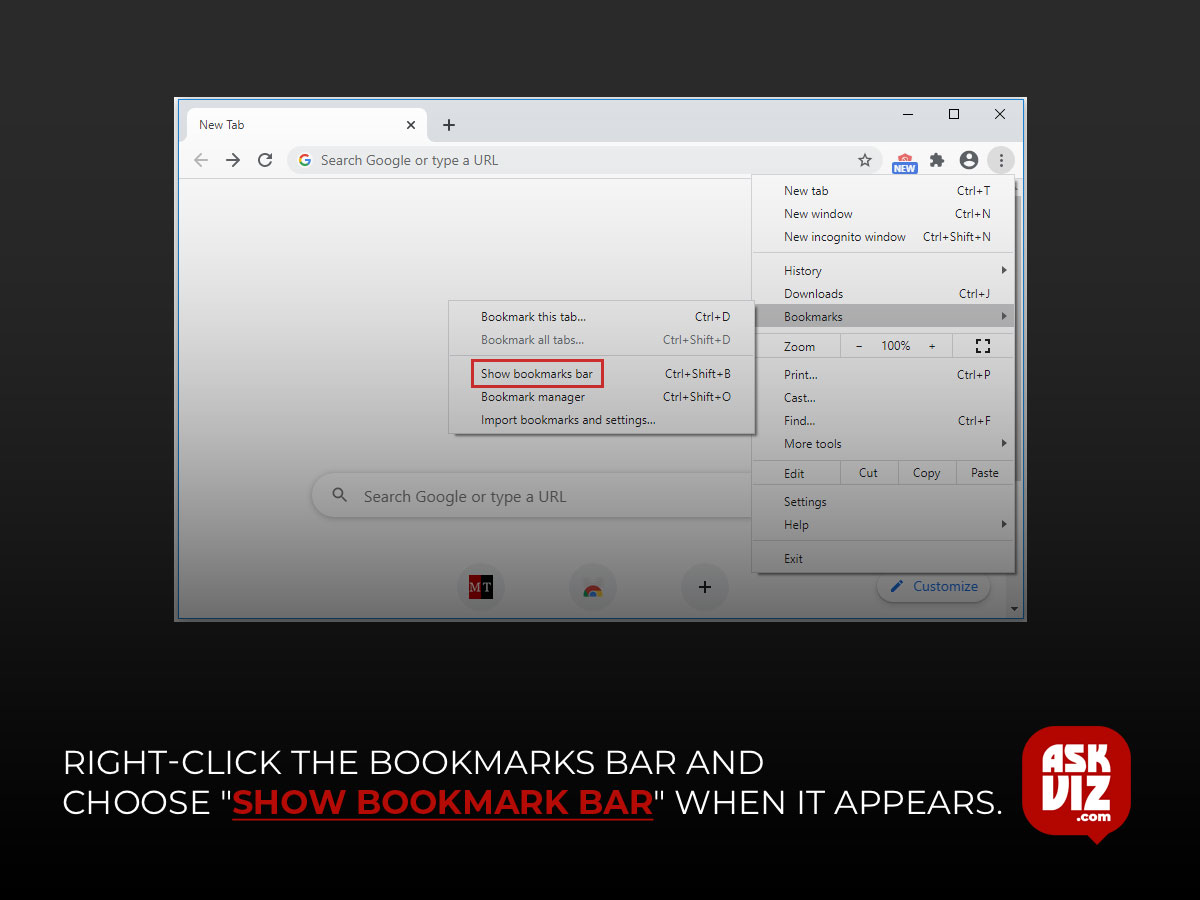 Right-click the bookmarks bar and choose "Show bookmark bar" when it appears askviz