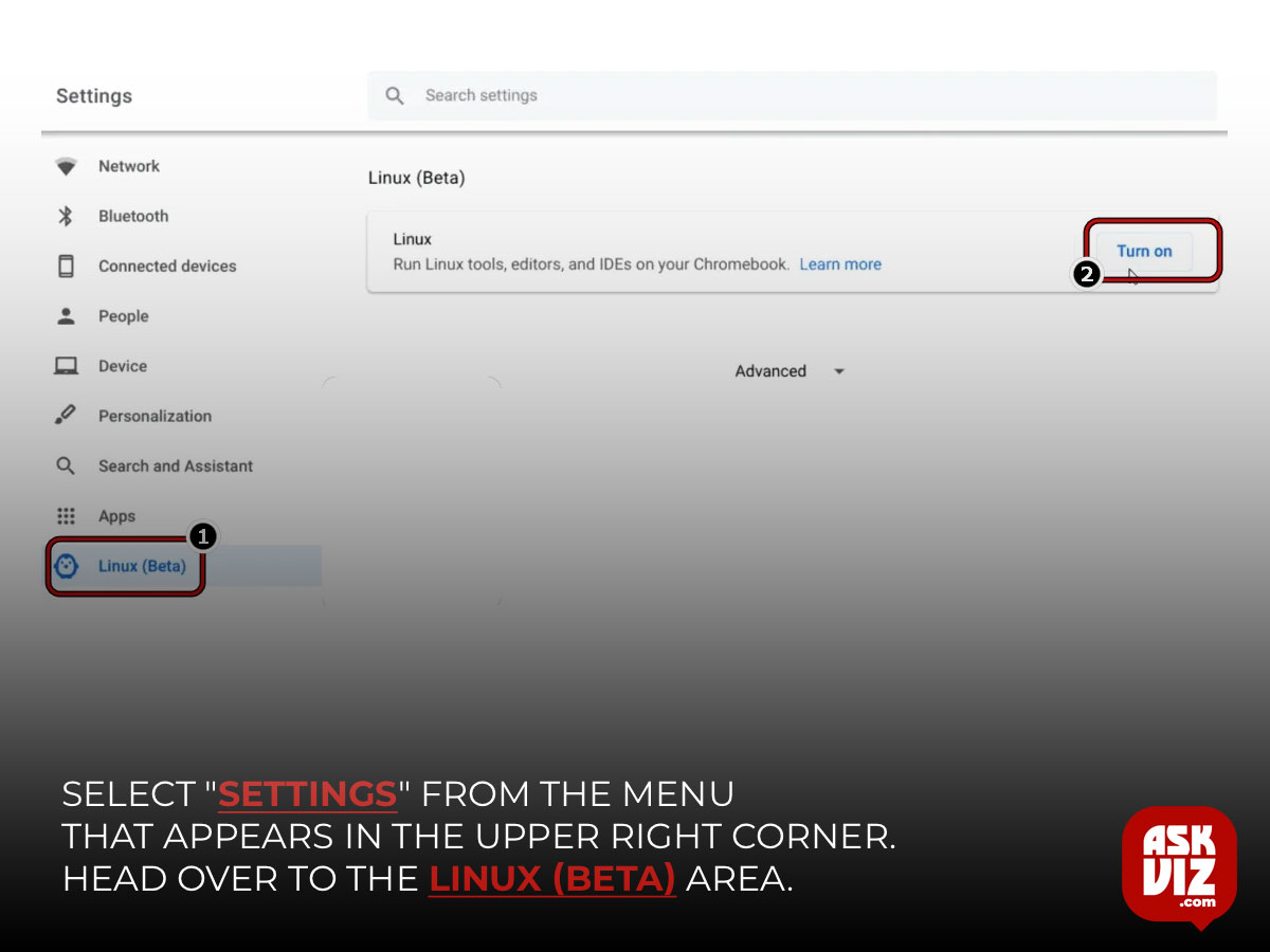 Select "Settings" from the menu that appears in the upper right corner. Head over to the Linux (Beta) area askviz