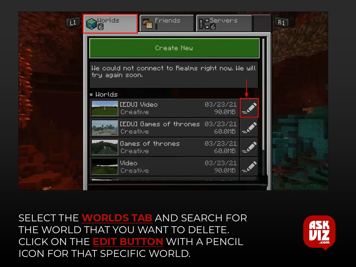 Select the Worldstab and search for the world that you want to delete. Click on the Edit button with a pencil icon for that specific world askviz