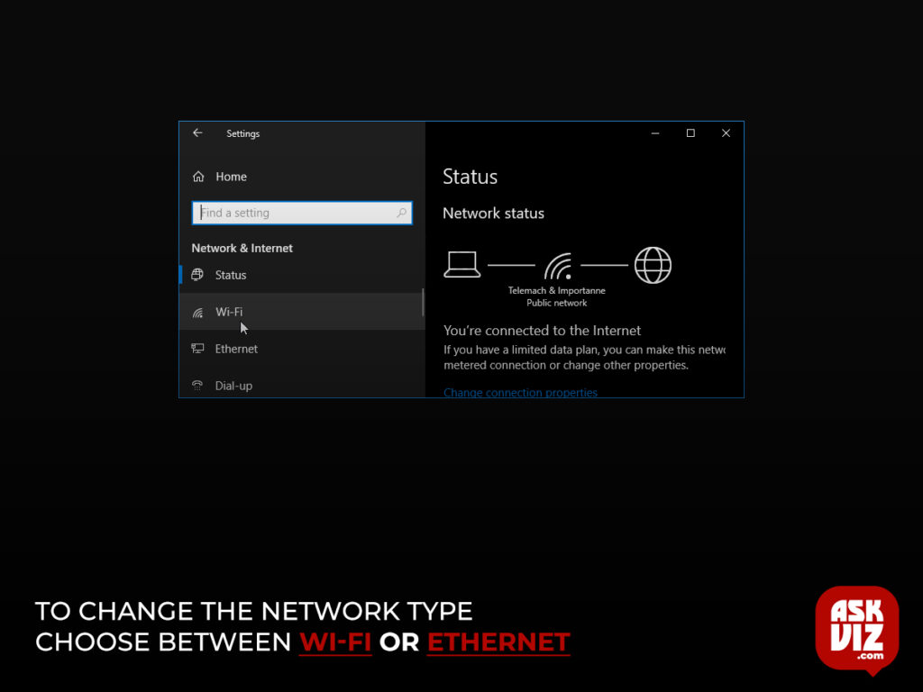 To change the network type that connects you to the Internet, choose between Wi-Fi or Ethernet. Quickly, details regarding the network to which you are linked will be displayed.