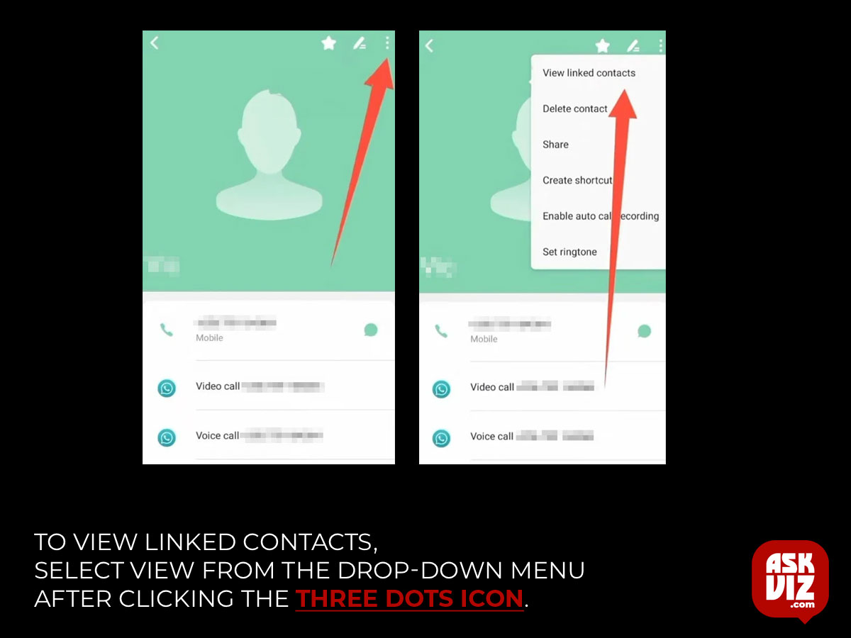 To view linked contacts, select View from the drop-down menu after clicking the three dots icon askviz banner