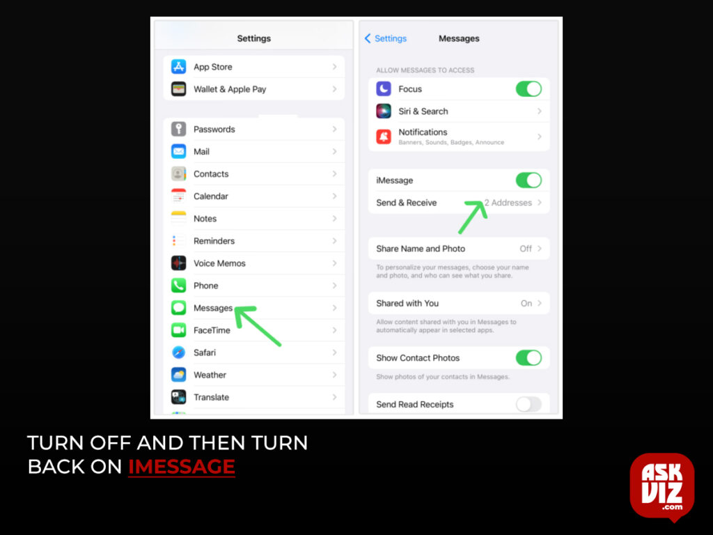 Turn off and then turn back on iMessage askviz