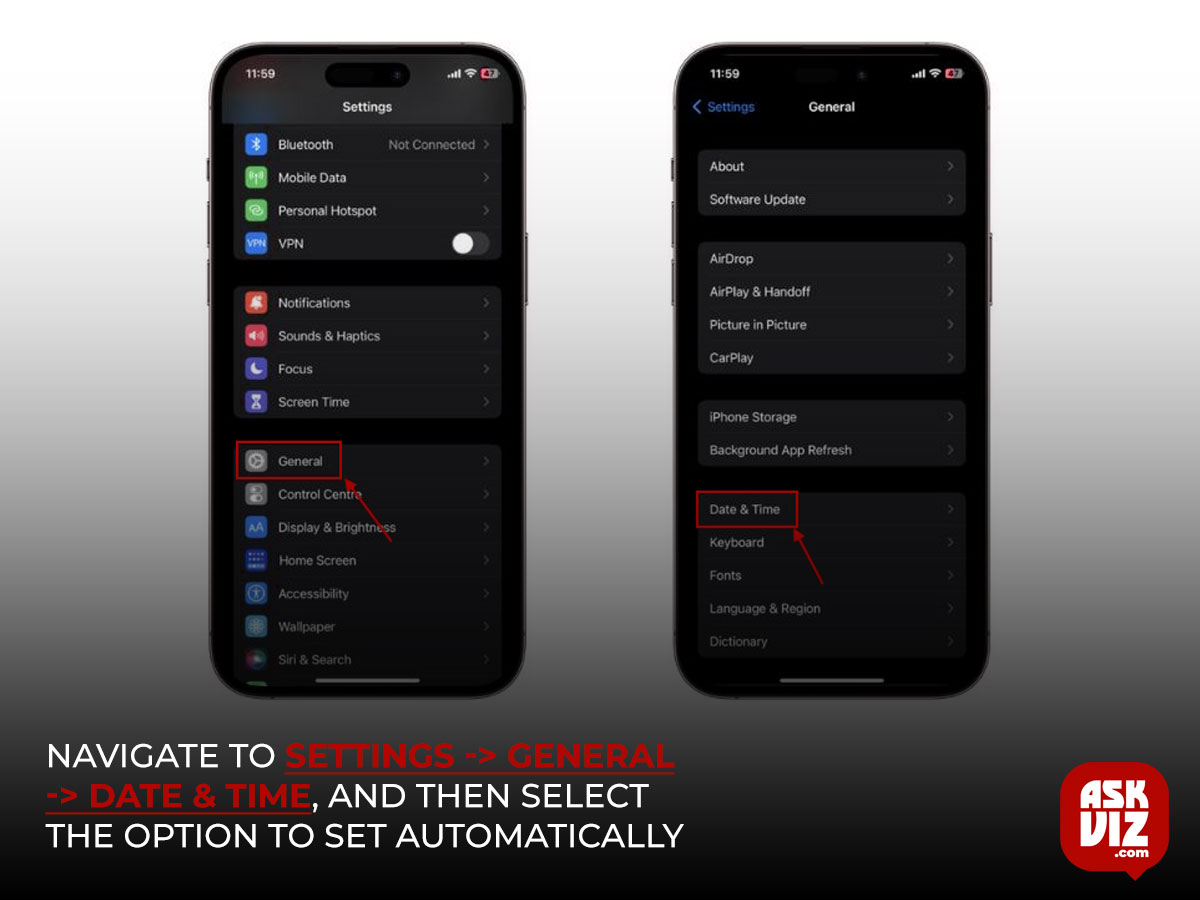 navigate to Settings -> General -> Date & Time, and then select the option to Set Automatically askviz