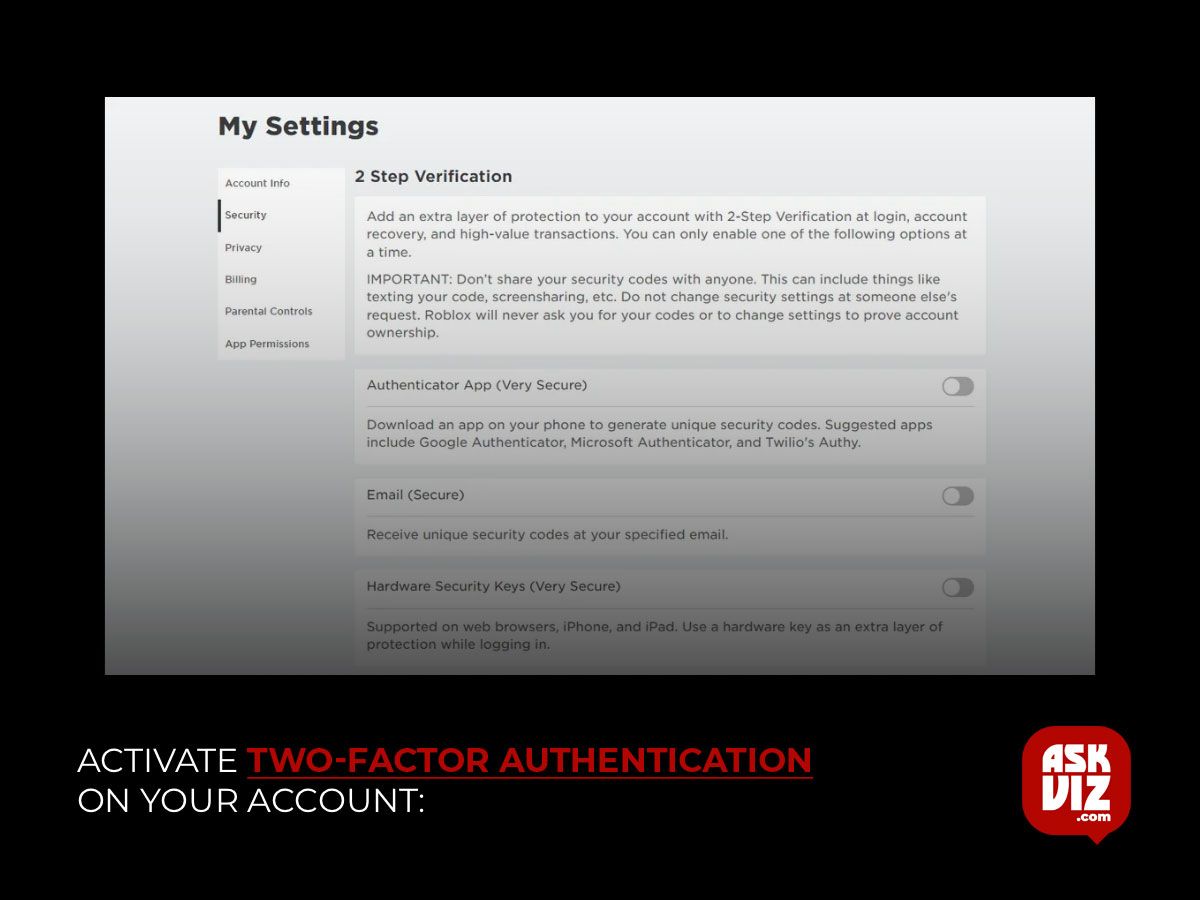 Activate two-factor authentication on your account askviz