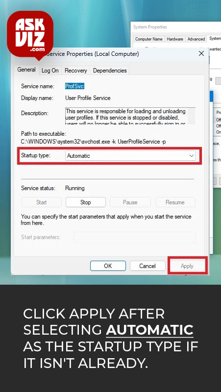 Click Apply after selecting Automatic as the startup type if it isn't already askviz
