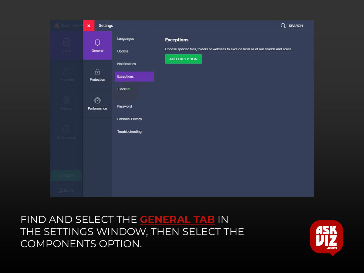 Find and select the General tab in the Settings window, then select the Components option.