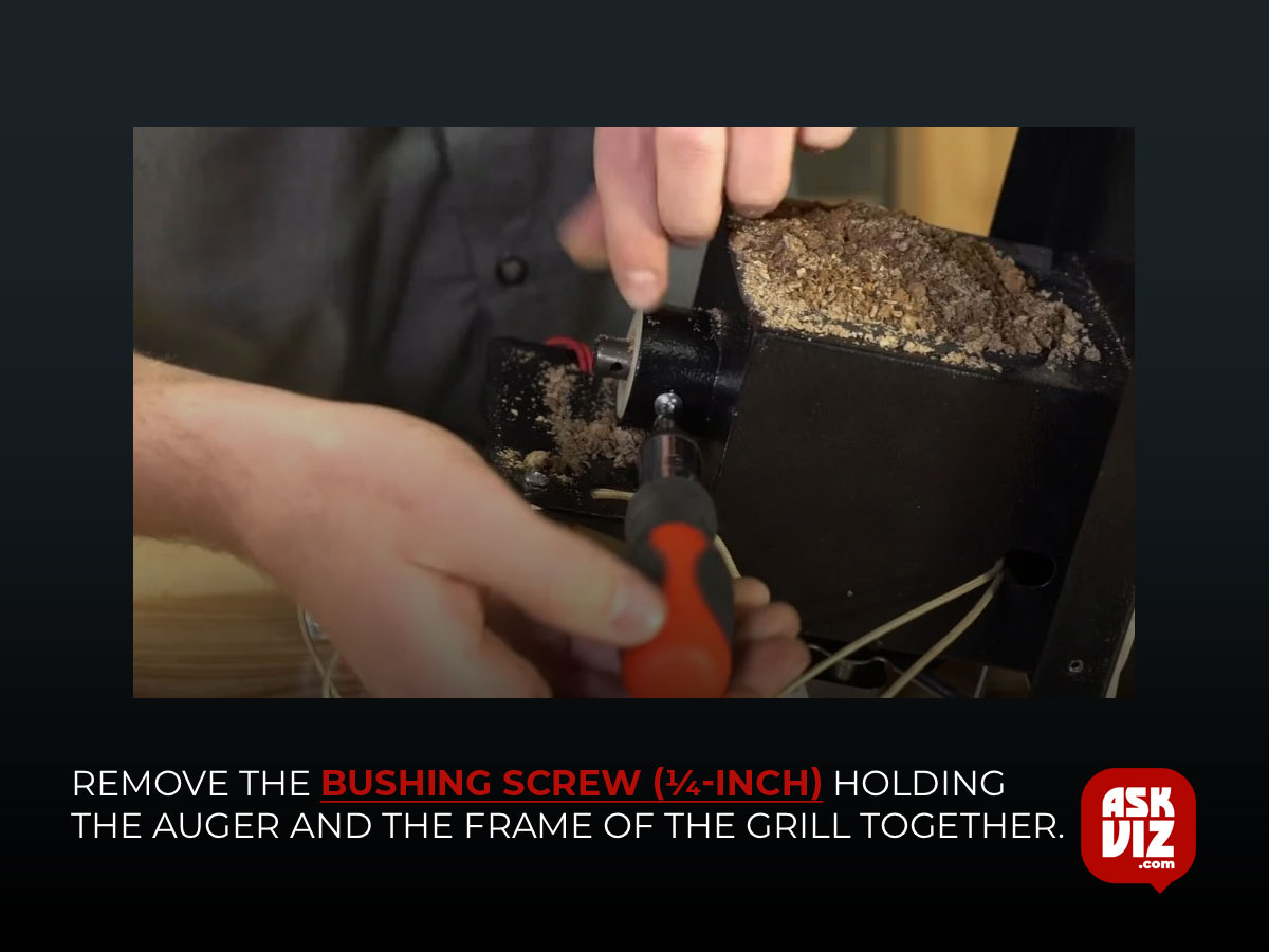 Remove the bushing screw (¼-inch) holding the auger and the frame of the grill together askviz