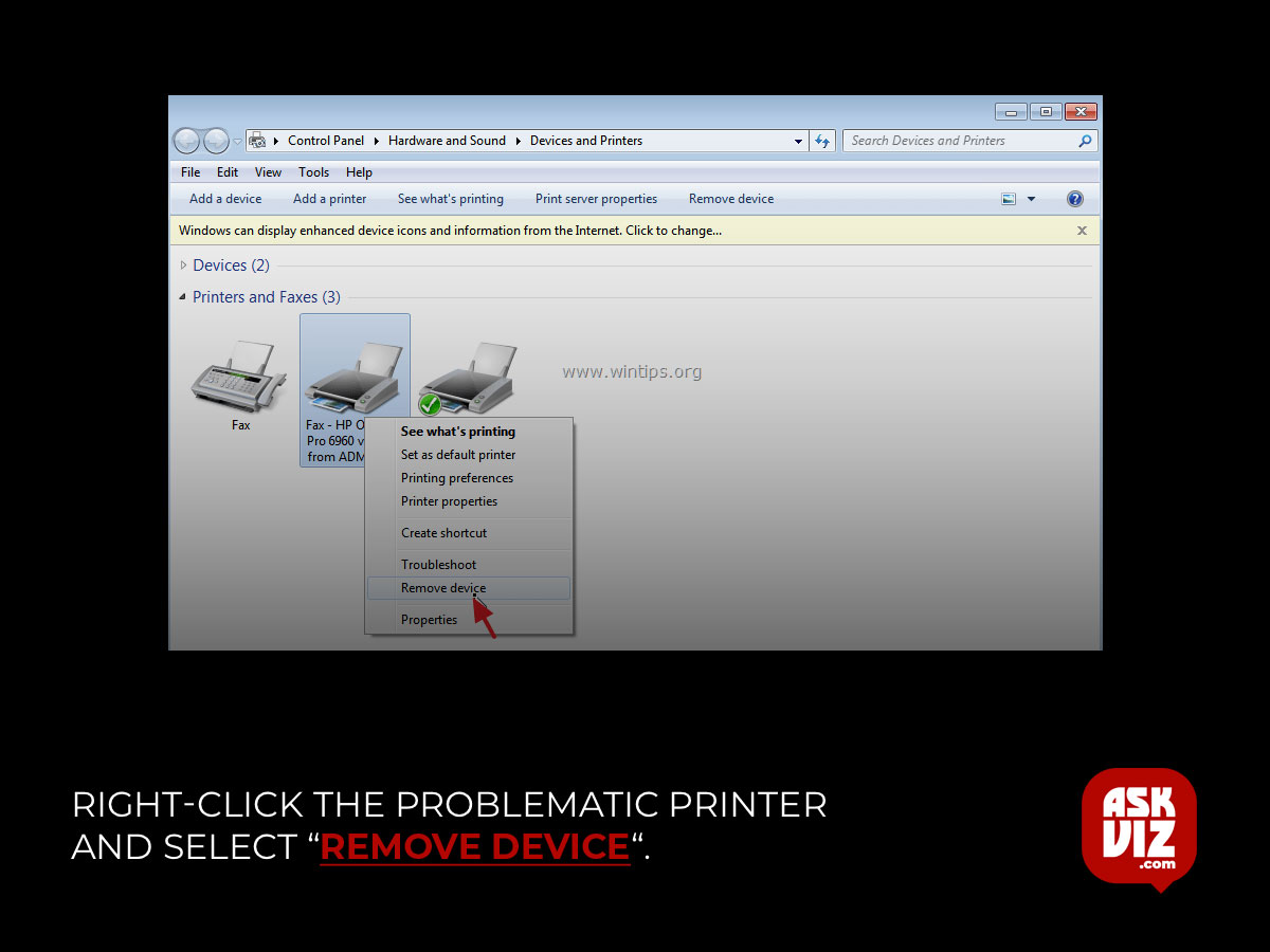 Right-click the problematic printer and select “Remove device“ askviz
