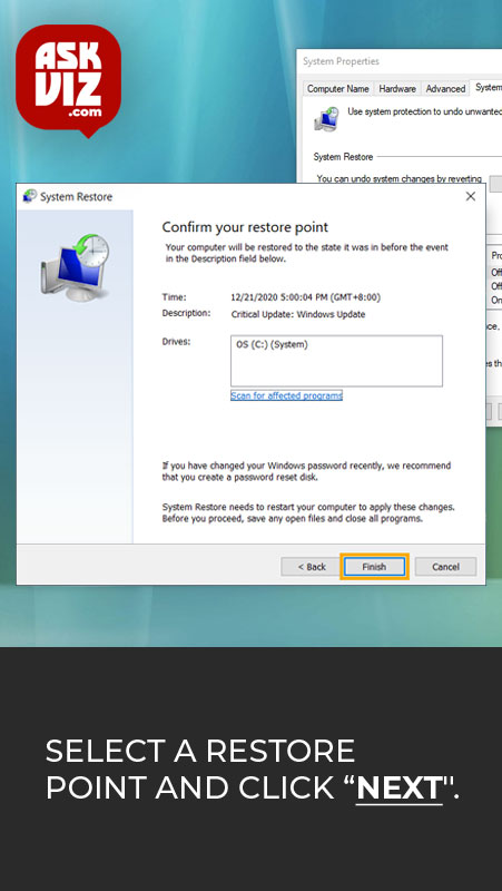Select a restore point and click “Next" askviz