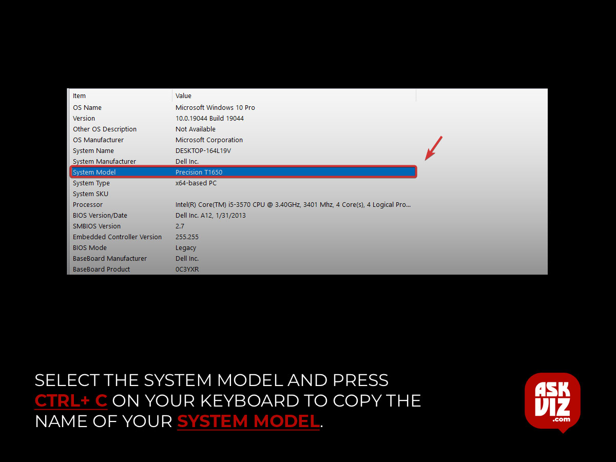 Select the System Model and press Ctrl+ C on your keyboard to copy the name of your System Model askviz