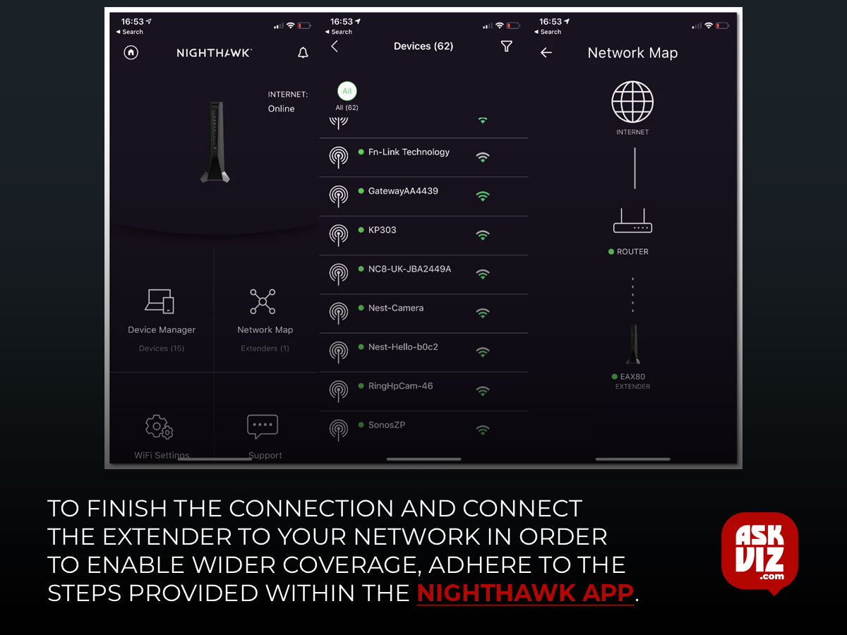 To finish the connection and connect the extender to your network in order to enable wider coverage, adhere to the steps provided within the Nighthawk App askviz