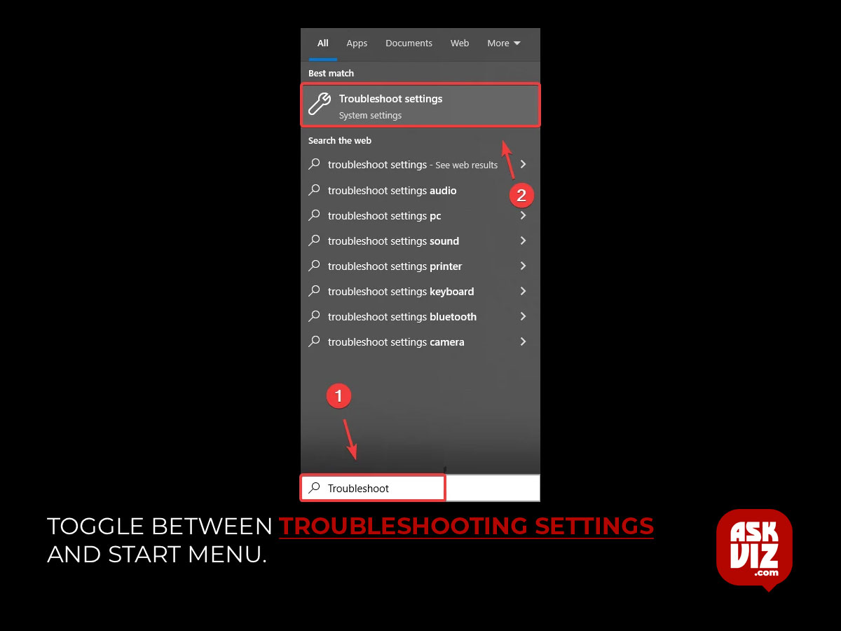 Toggle between Troubleshooting settings and Start Menu askviz